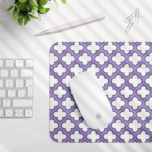 White and Purple Trellis, Lattice, Quatrefoil Mouse Pad