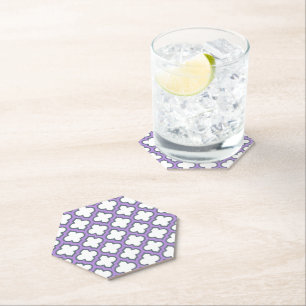 White and Purple Trellis, Lattice, Quatrefoil Paper Coaster