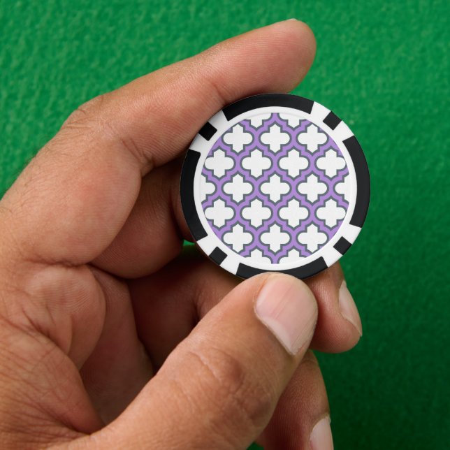White and Purple Trellis, Lattice, Quatrefoil Poker Chips (Hand)