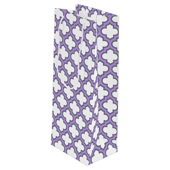 White and Purple Trellis, Lattice, Quatrefoil Wine Gift Bag (Back Angled)