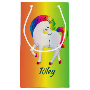 White and Rainbow Unicorn on a Colourful Small Gift Bag
