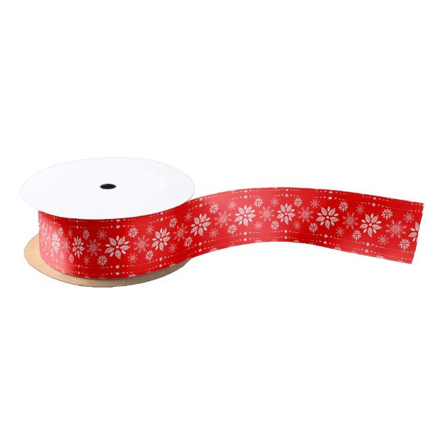 White And Red Christmas Snowflakes Pattern Satin Ribbon (Spool)