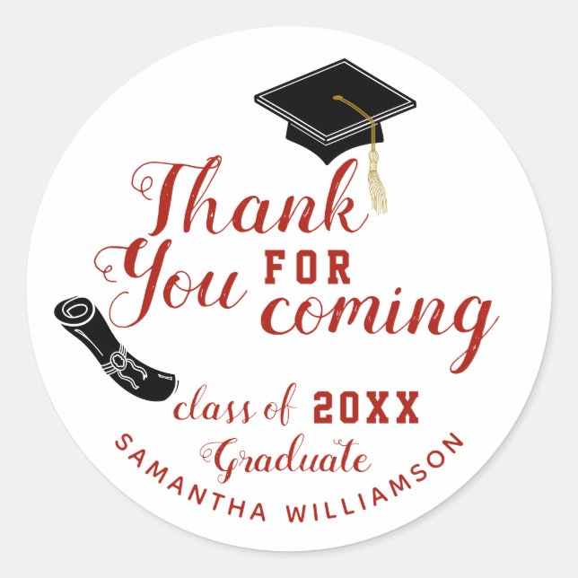 White and Red Class of 2026 Graduate Thank You Classic Round Sticker (Front)