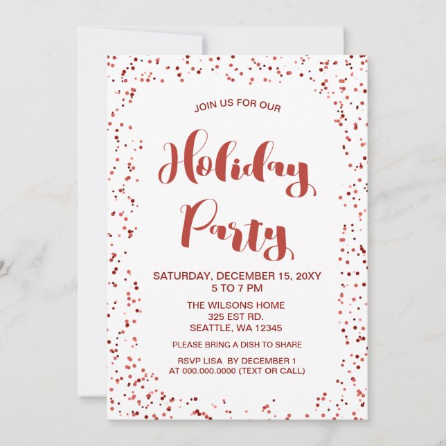White and Red confetti Modern holiday Party Invitation (Front)