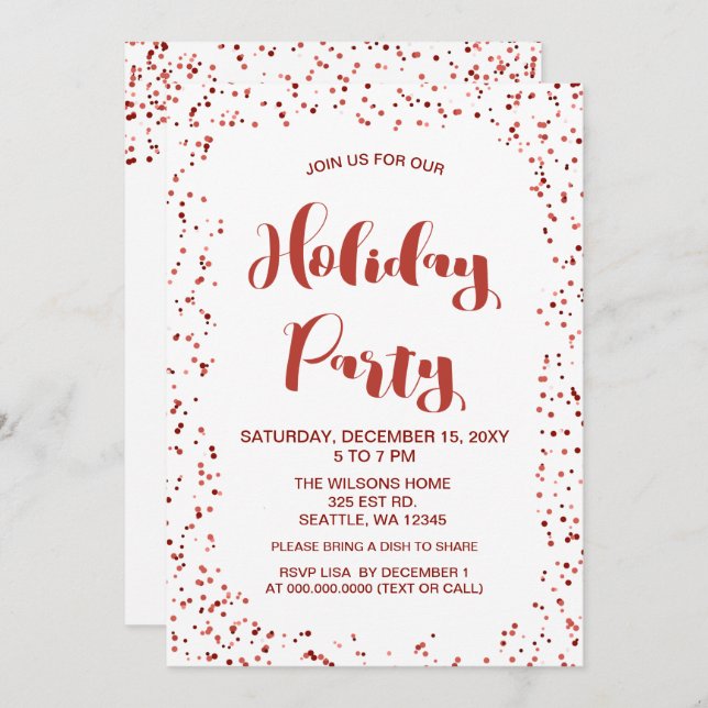 White and Red confetti Modern holiday Party Invitation (Front/Back)