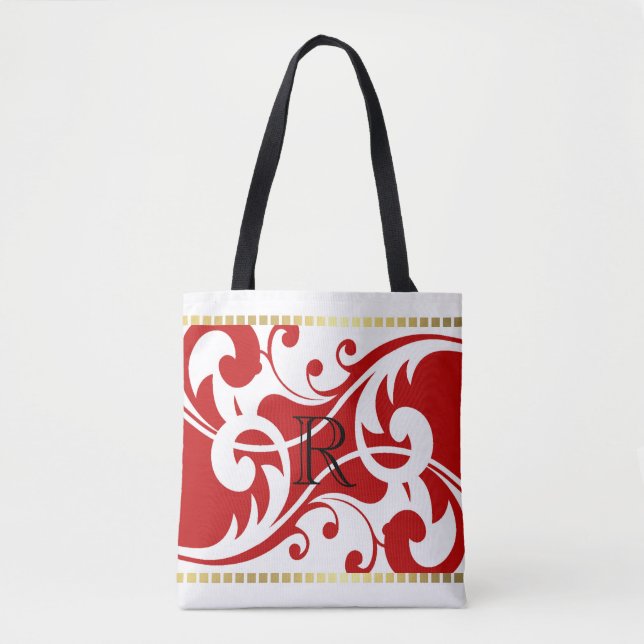 White and Red Flourish Gold Border Monogram Tote Bag (Front)