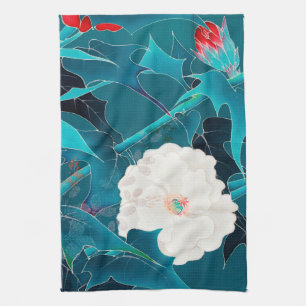 White and Red Flower, Japanese Design Tea Towel
