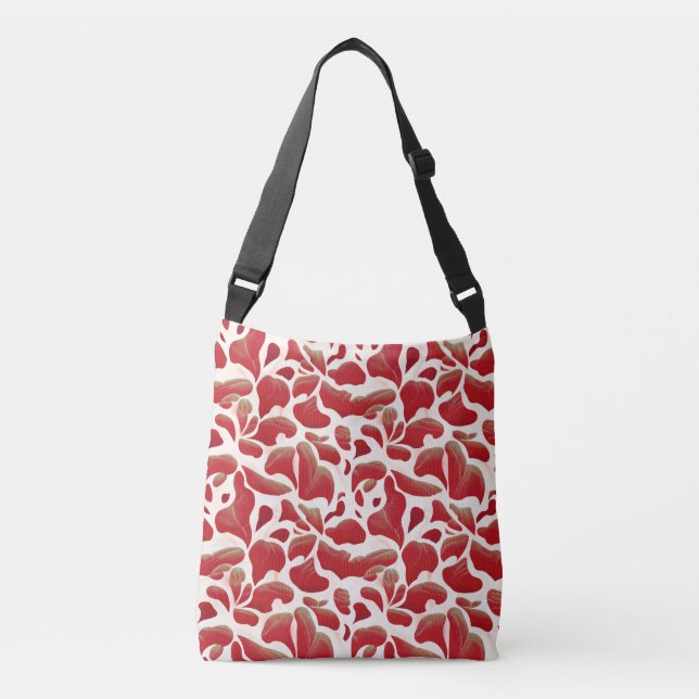 White and Red Flying Leaves Repeating Pattern Crossbody Bag (Front)