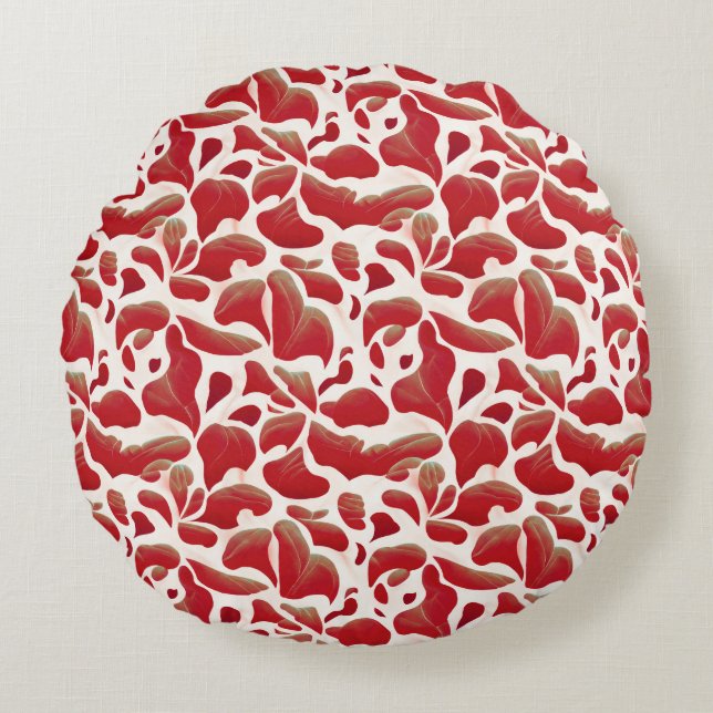 White and Red Flying Leaves Repeating Pattern Round Cushion (Front)