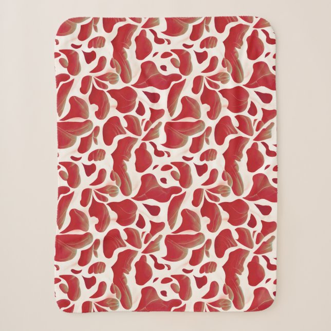 White and Red Flying Leaves Repeating Pattern Sherpa Blanket (Front)