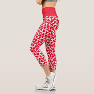 White and Red Geometric Star Pattern Capri Leggings