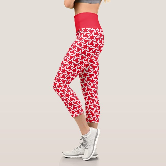 White and Red Geometric Star Pattern Capri Leggings (Left)