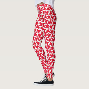 White and Red Geometric Star Pattern Leggings