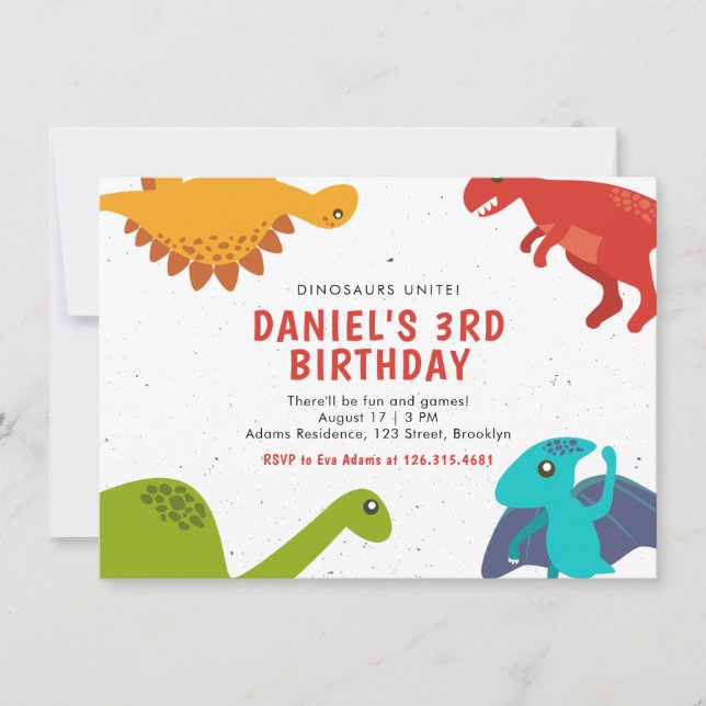 White and Red Grungy Dinosaur Birthday Invitation (Front)