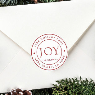 White and Red Modern Joy Holiday Return Address Classic Round Sticker
