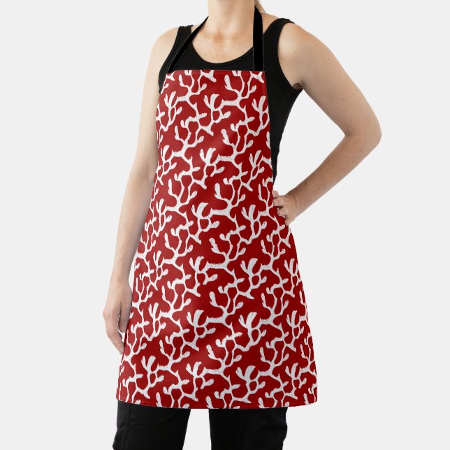 White And Red Organic Coral Reef Repeat Pattern Apron (Insitu)