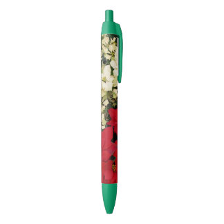 White and Red Poinsettias I Holiday Floral Black Ink Pen