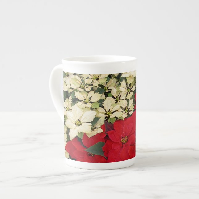 White and Red Poinsettias I Holiday Floral Bone China Mug (Front Left)