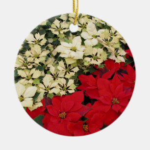 White and Red Poinsettias I Holiday Floral Ceramic Tree Decoration