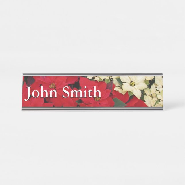 White and Red Poinsettias I Holiday Floral Desk Name Plate (Front)