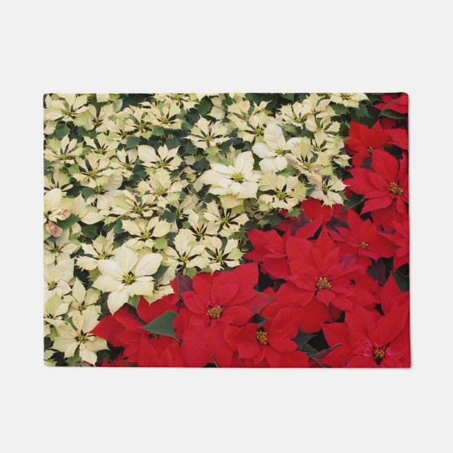 White and Red Poinsettias I Holiday Floral Doormat (Front)