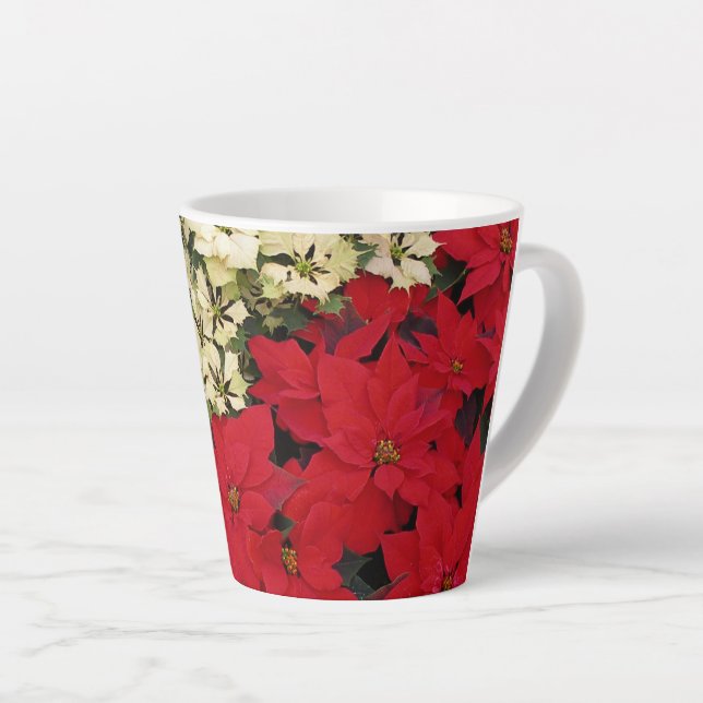 White and Red Poinsettias I Holiday Floral Latte Mug (Right Angle)
