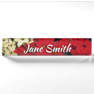 White and Red Poinsettias I Holiday Floral Nameplate
