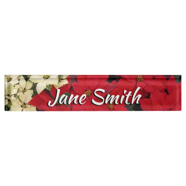 White and Red Poinsettias I Holiday Floral Nameplate (Front)