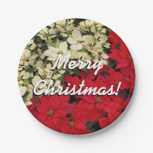 White and Red Poinsettias I Holiday Floral Paper Plate