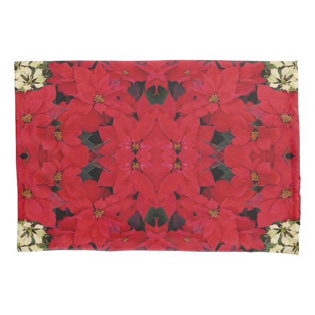 White and Red Poinsettias I Holiday Floral Pillowcase (Front)