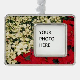 White and Red Poinsettias I Holiday Floral Silver Plated Framed Ornament
