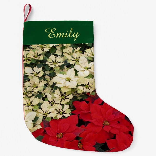 White and Red Poinsettias I Holiday Floral Small Christmas Stocking (Front)