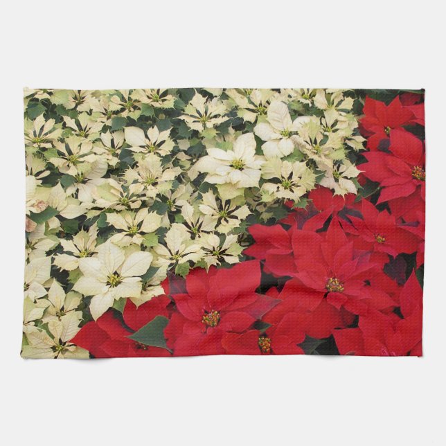 White and Red Poinsettias I Holiday Floral Tea Towel (Horizontal)