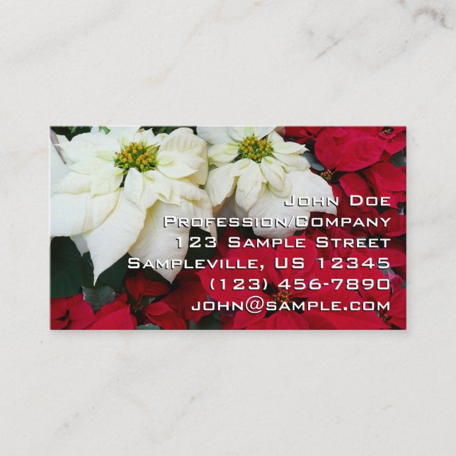 White and Red Poinsettias II Christmas Holiday Business Card (Front)