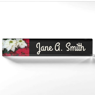 White and Red Poinsettias II Christmas Holiday Nameplate