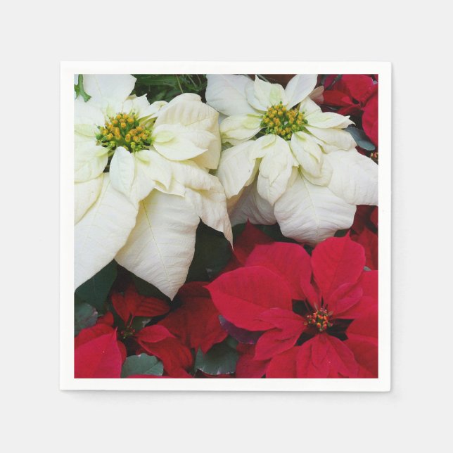 White and Red Poinsettias II Christmas Holiday Napkin (Front)