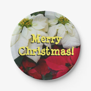 White and Red Poinsettias II Christmas Holiday Paper Plate