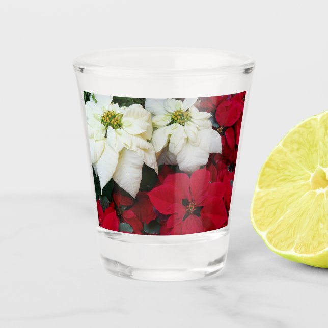 White and Red Poinsettias II Christmas Holiday Shot Glass (Front)