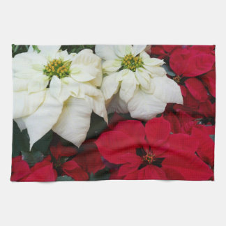 White and Red Poinsettias II Christmas Holiday Tea Towel