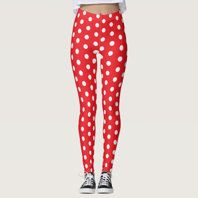 White and Red Polka Dot Pattern Leggings (Front)