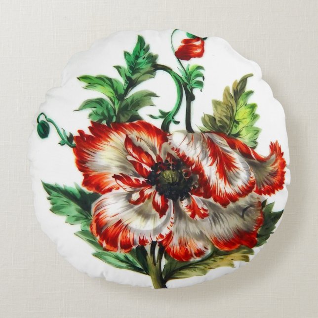 White and Red Poppy Flower Art Round Cushion (Front)