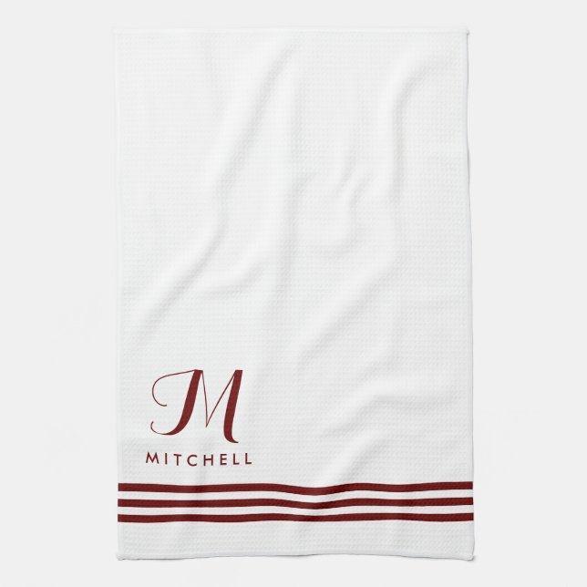 White and Red Sophisticated Stripes and Monogram Tea Towel (Vertical)