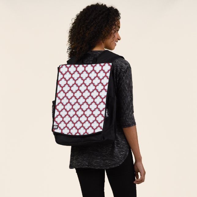 White and Red Trellis, Lattice, Quatrefoil Backpack (Worn)