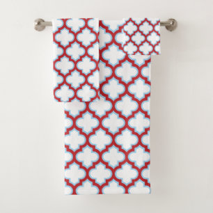 White and Red Trellis, Lattice, Quatrefoil Bath Towel Set