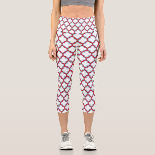 White and Red Trellis, Lattice, Quatrefoil Capri Leggings
