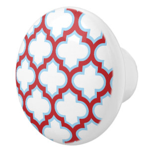 White and Red Trellis, Lattice, Quatrefoil Ceramic Knob