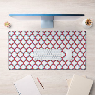 White and Red Trellis, Lattice, Quatrefoil Desk Mat