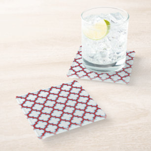 White and Red Trellis, Lattice, Quatrefoil Glass Coaster