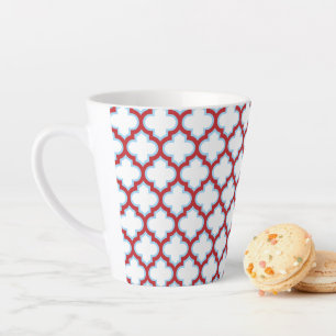 White and Red Trellis, Lattice, Quatrefoil Latte Mug