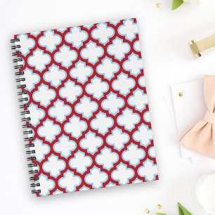 White and Red Trellis, Lattice, Quatrefoil Notebook